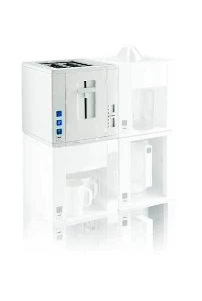 Compact4All features four white cubes containing a kettle, toaster, coffee maker and juicer