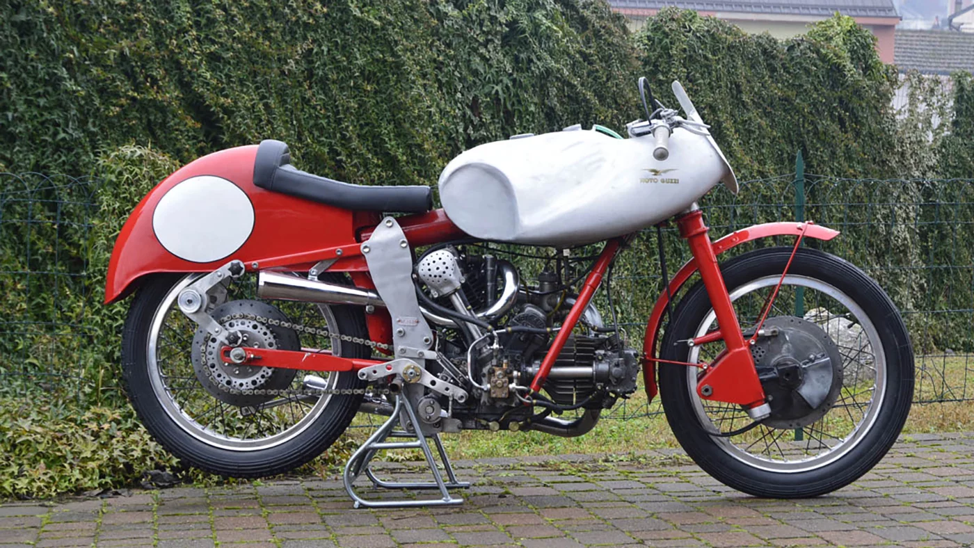 It may look like a Ducati at first glance, but with it's cylinders angled at 120° (and a 180° crank pin offset), the Moto Guzzi 500 V-twin predates Taglioni's Ducati L-twin (90°) design by nearly four decades. Conceived (like Vincent and Ducati) to take advantage of a strong single cylinder engine, the bike won major premier class Grands Prix both before and after WW2. A significant motorcycle that just might exceed it's estimate of £120,000 to £130,000 ($170,000 to $185,000).