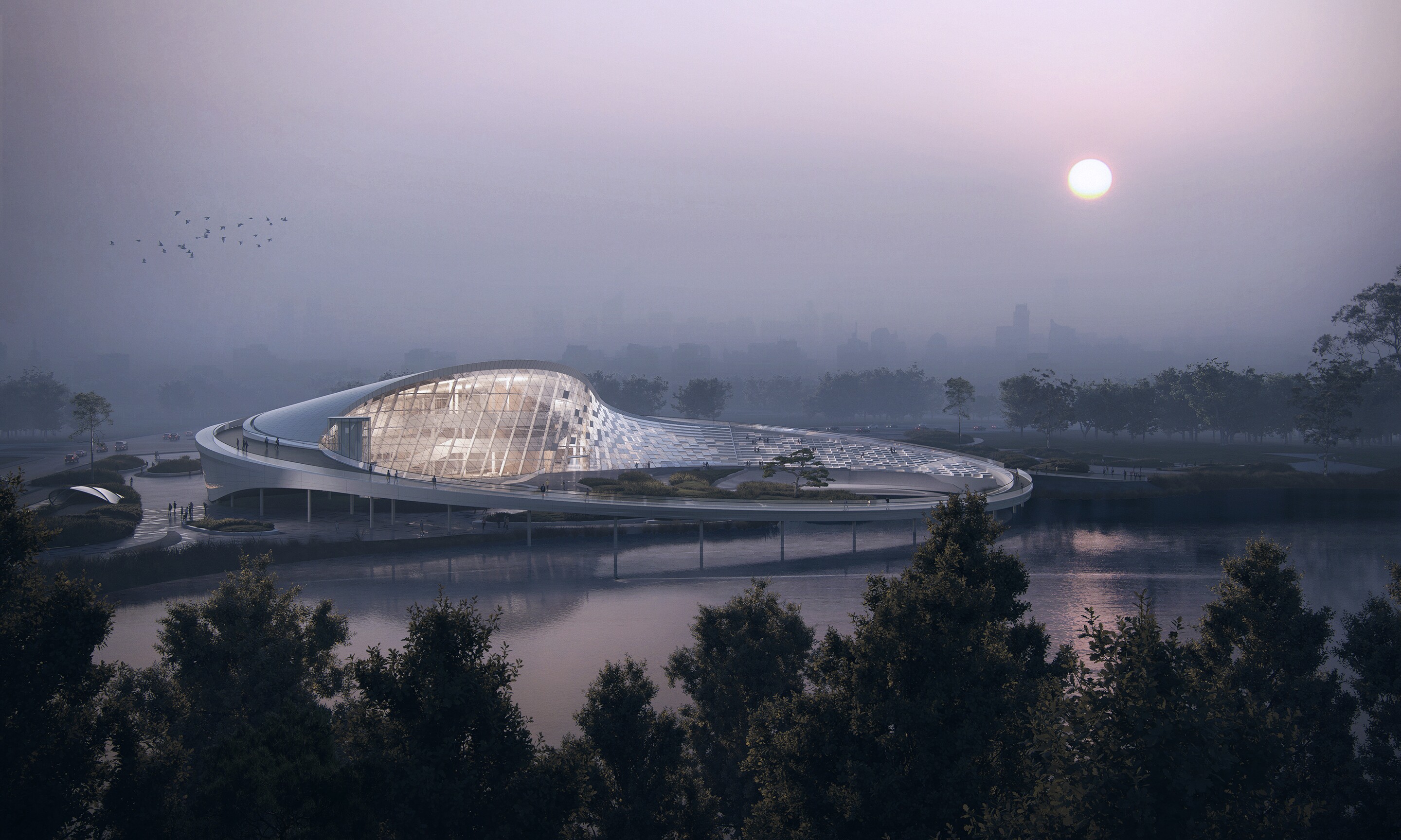 The Tianfu Museum of Chinese Medicine will feature a large glazed section of facade, framing views of the nearby lake