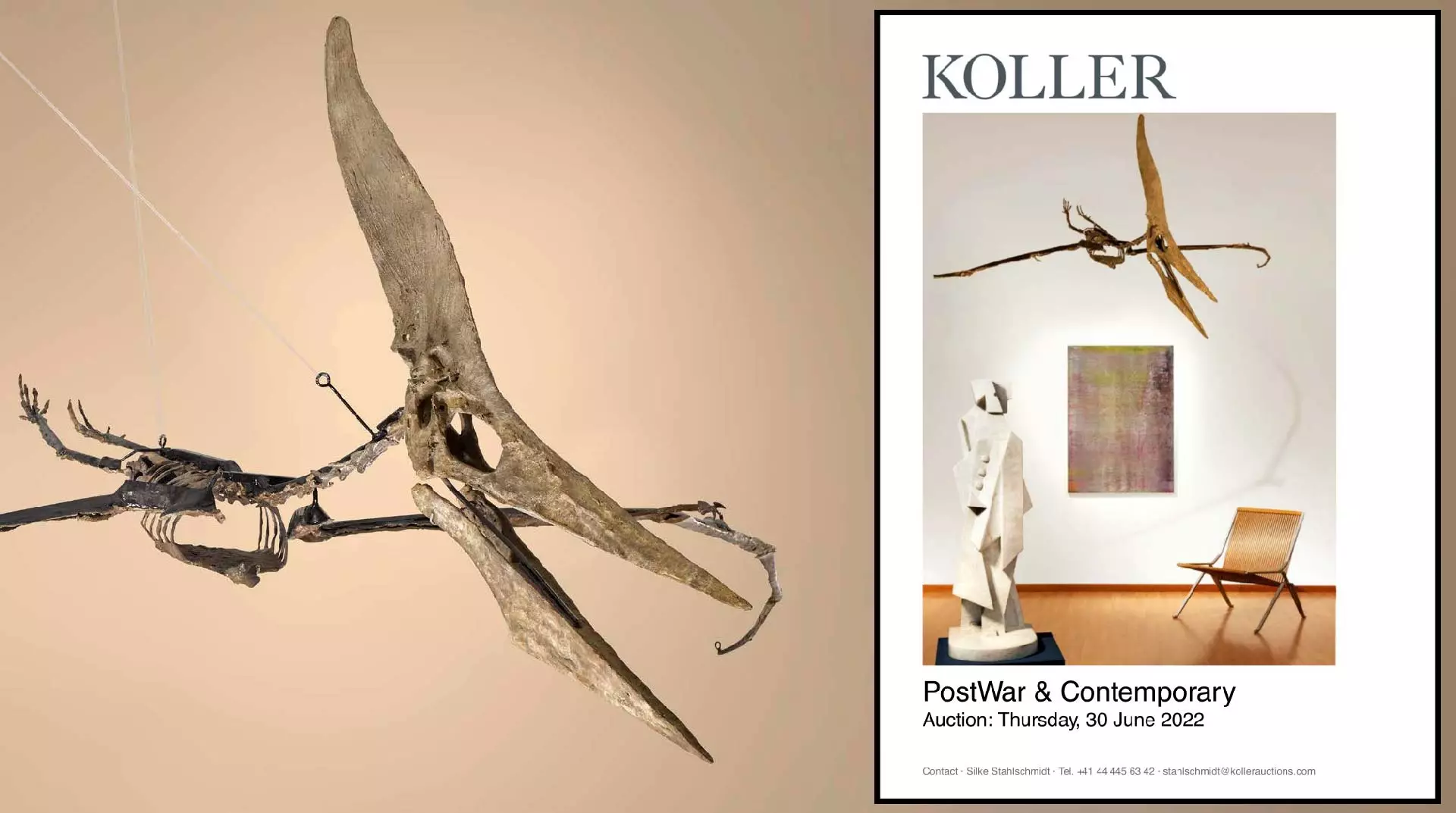 Only two Pteranodons have been to auction this century, with this specimen the only one to have sold. With a wingspan of 302cm (10 ft), it is approximately half the size of the Sotheby's Pteranodon, but in fantastic condition with over 70% of the original bone material showing. The skull of this specimen measured an impressive 123 cm, and the right wing almost completely original. The Pteranodon fetched CHF 378 500 at Koller Auktions in Zurich on 28 June 2022