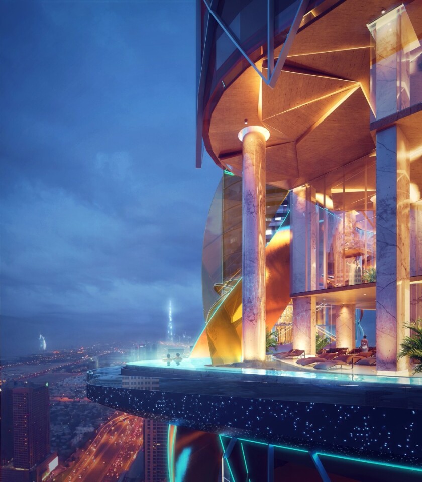 The hotel has a 30-ft (9-m) cantilevered, zero-edge, partially glass-bottomed pool that is star-lit from below to mimic the night sky