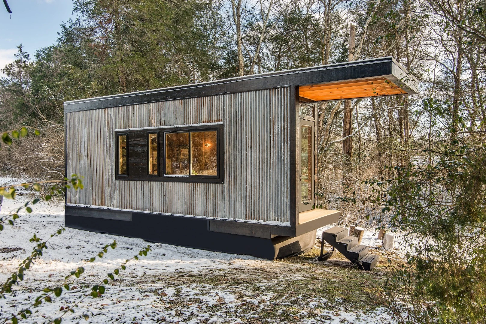 Corrugated metal exterior of the Cornelia tiny home