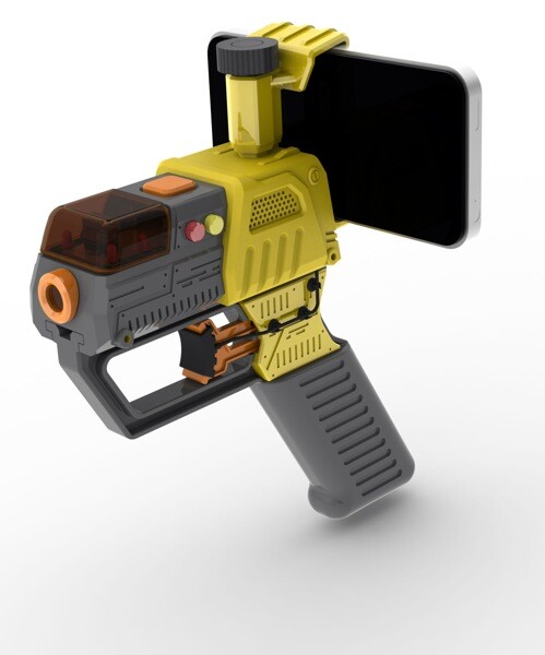 The AppTag Laser Blaster attachment allows AR first-person shooter gameplay with friends on any smartphone