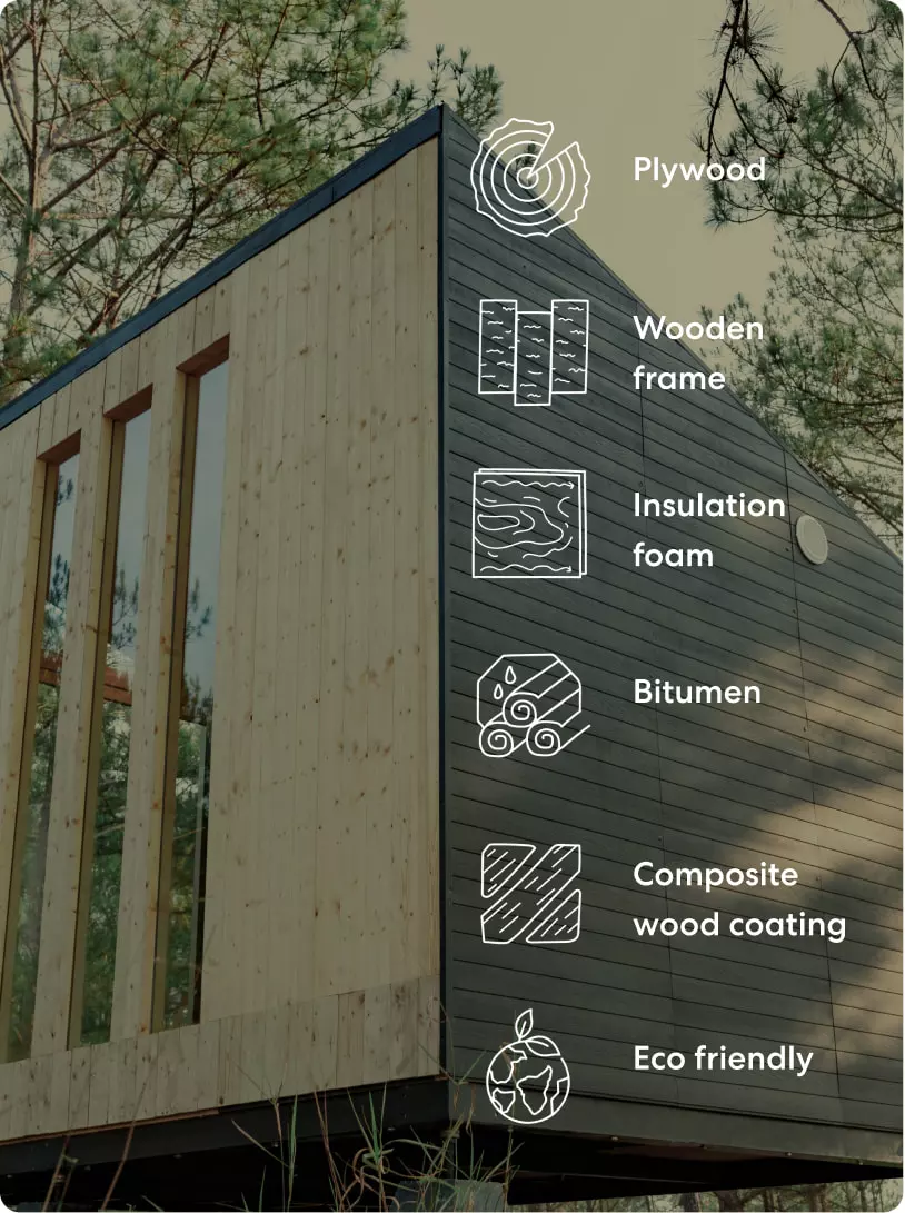 The Pod is made from a timber frame, plywood panels, foam insulation, bitumen, and sports a composite wood façade