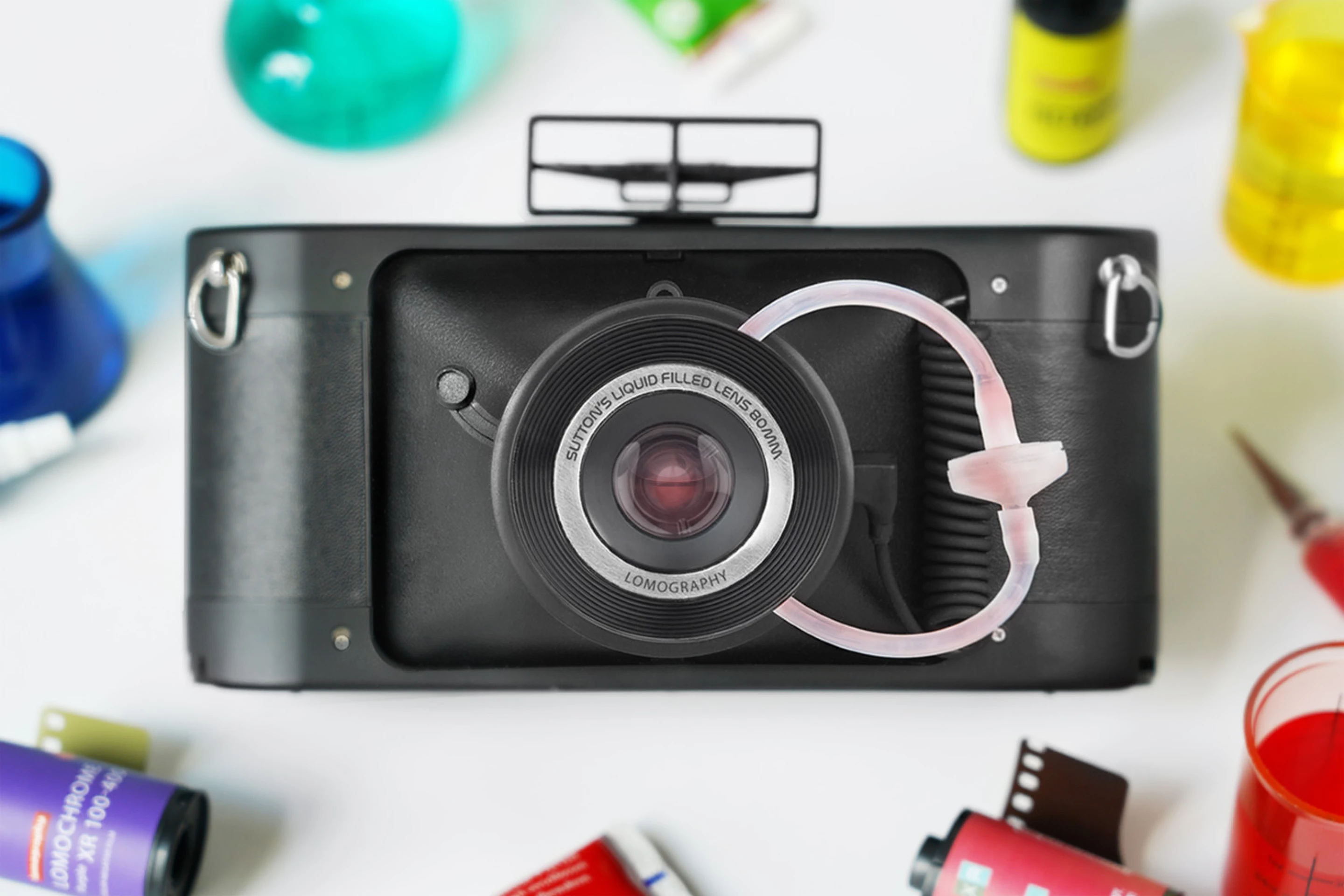 Panoramic film camera features a liquid-filled lens