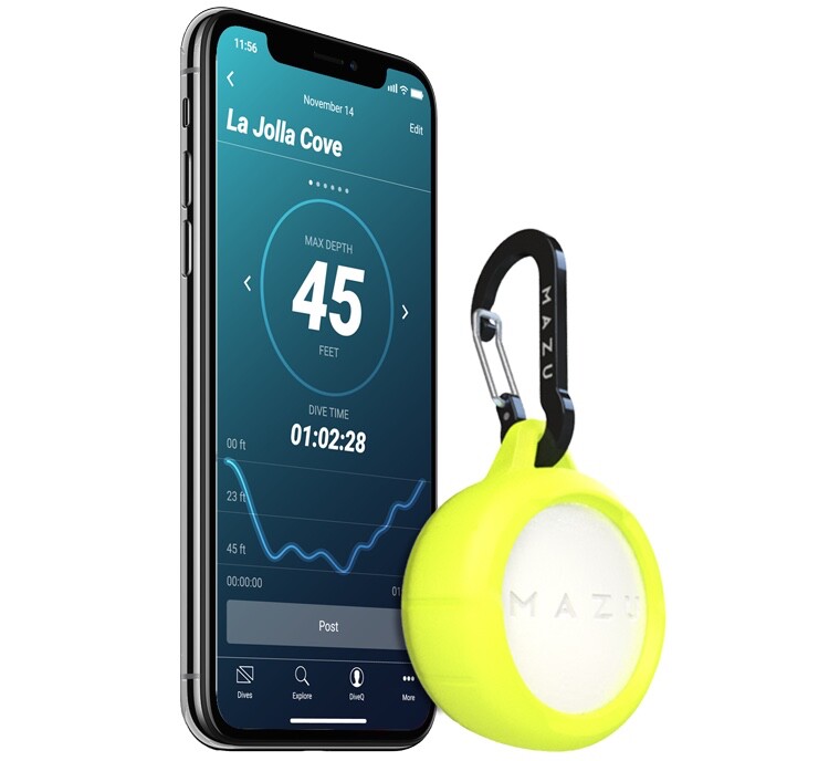 Mazu uses Bluetooth Low Energy to transmit dive data to an iOS/Android app on a paired smartphone