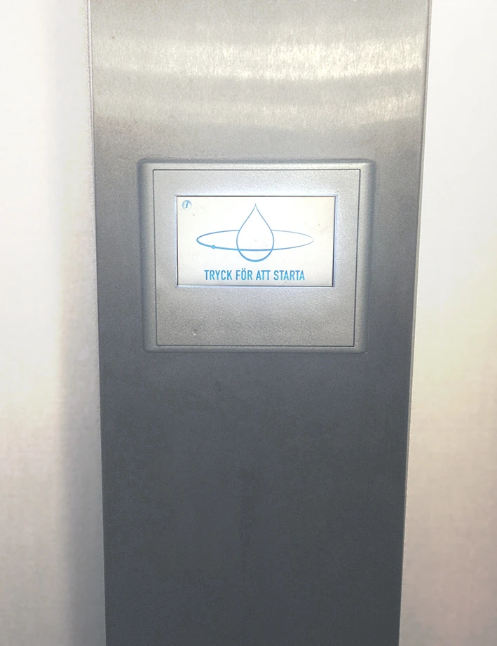 Instead of a set of knobs like in most showers, the current model of the OrbSys Shower has a touchscreen embedded in the wall