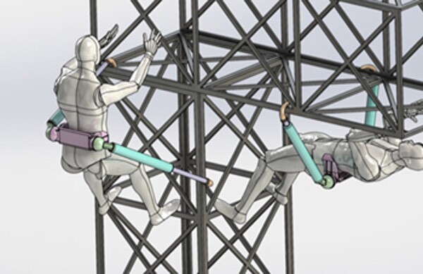 Visualization of use of robot limbs to attach construction workers to a construction project at various angles