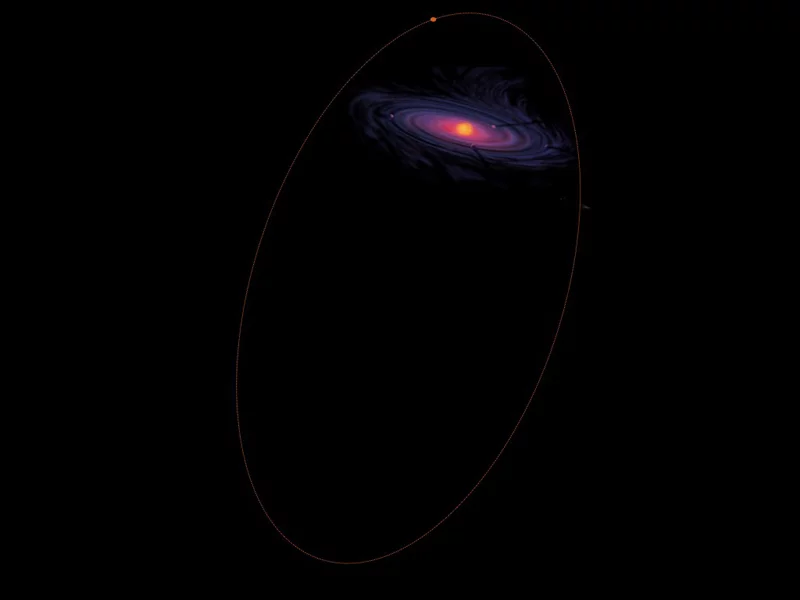 An artist's rendition of the orbital path of the Centaur population 4.5 billion years ago, on a perpendicular angle to the protoplanetary disc that formed most solar system objects