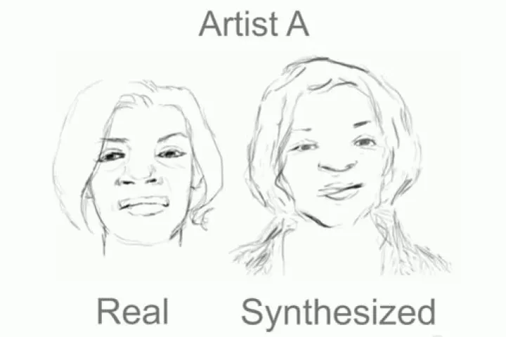 A human artist's sketch (left), and the computer's attempt at a drawing of the same face done in that artist's style