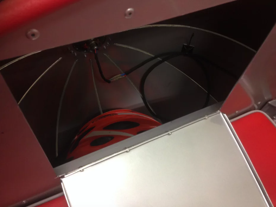 The nose cone storage area offers enough space for all five bicycle helmets