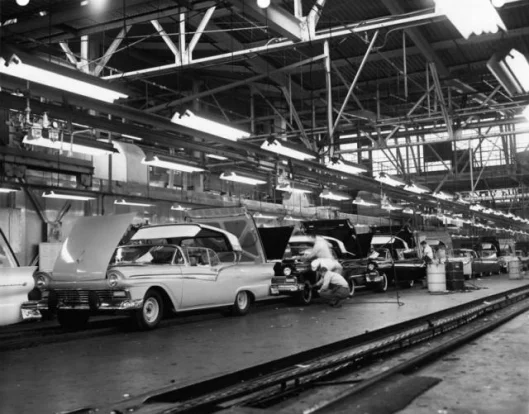The dearborn assembly lines and the Skyliner Fairlane, named after Henry Ford's luxury home in Detroit.
