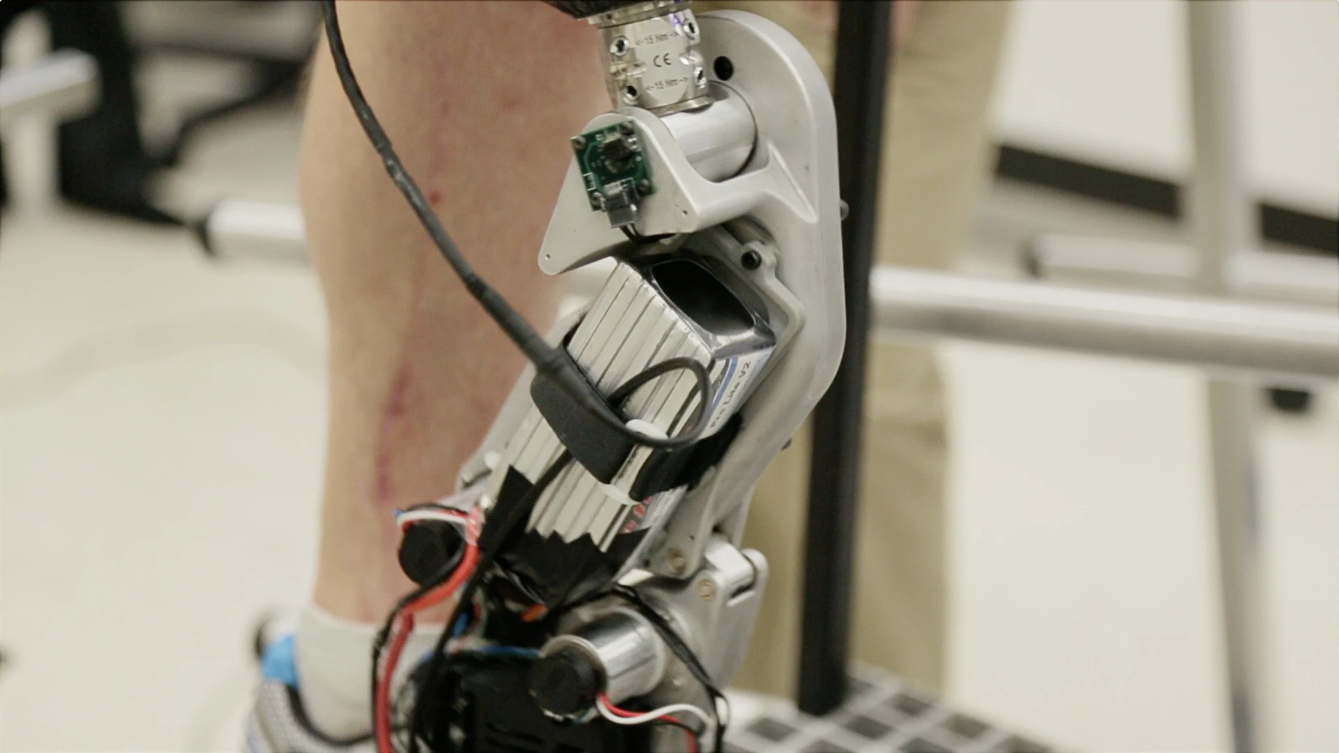 A close-up of a bionic leg developed by Vanderbilt University