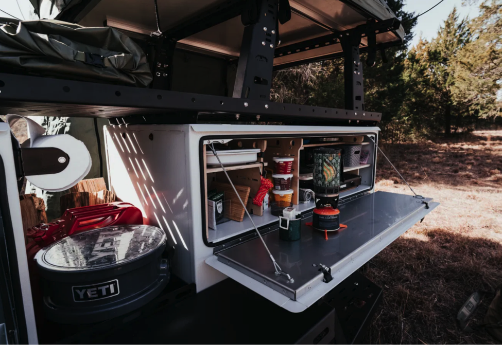 The open space between the Woolly Bear's two boxes can hold firewood, jerry cans and other hard-to-fit provisions