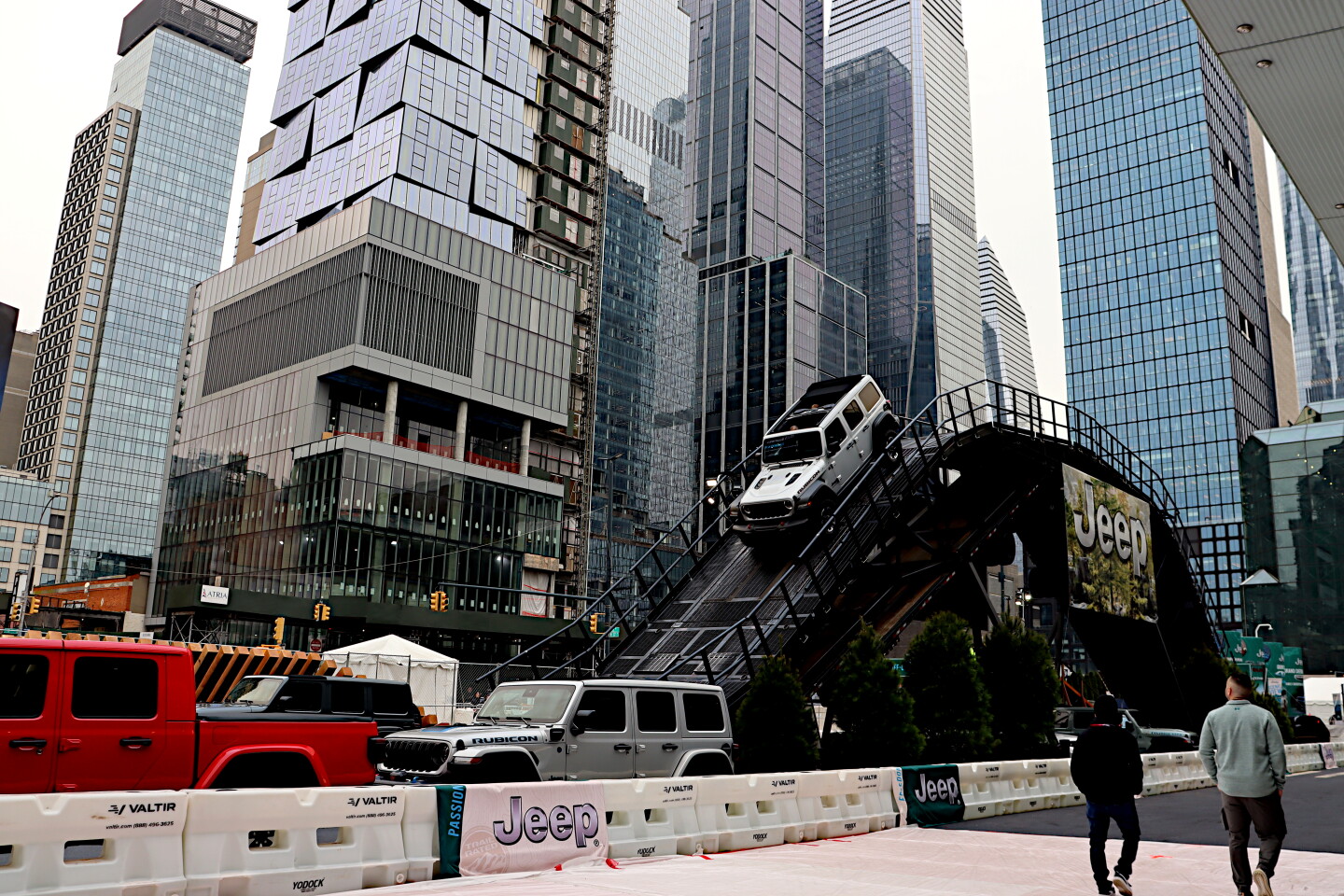 Jeep's outdoor experience ride-along display dominates the exterior of the New York International Auto Show this year