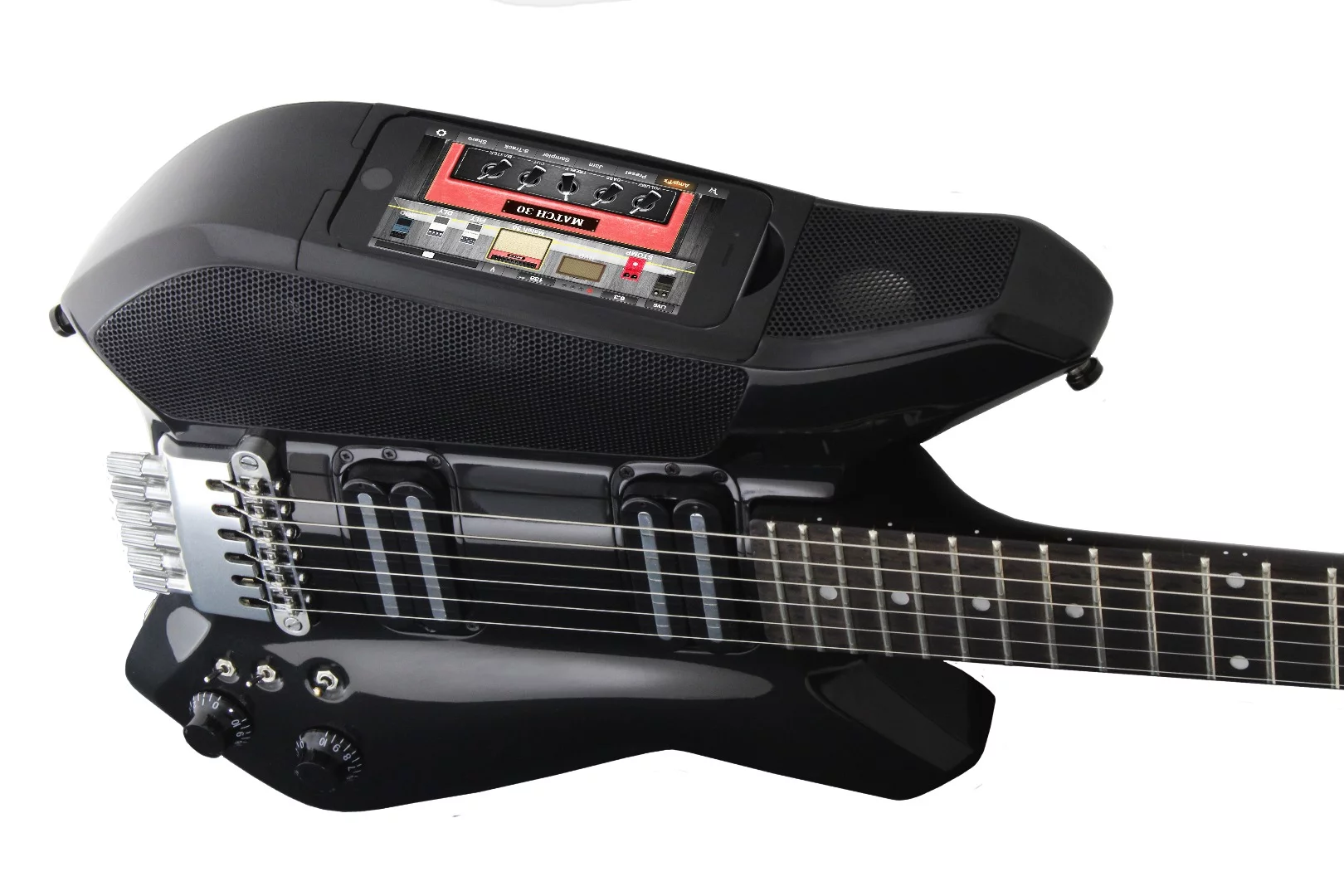 A music creation app can add digital effects and amp simulations to the output