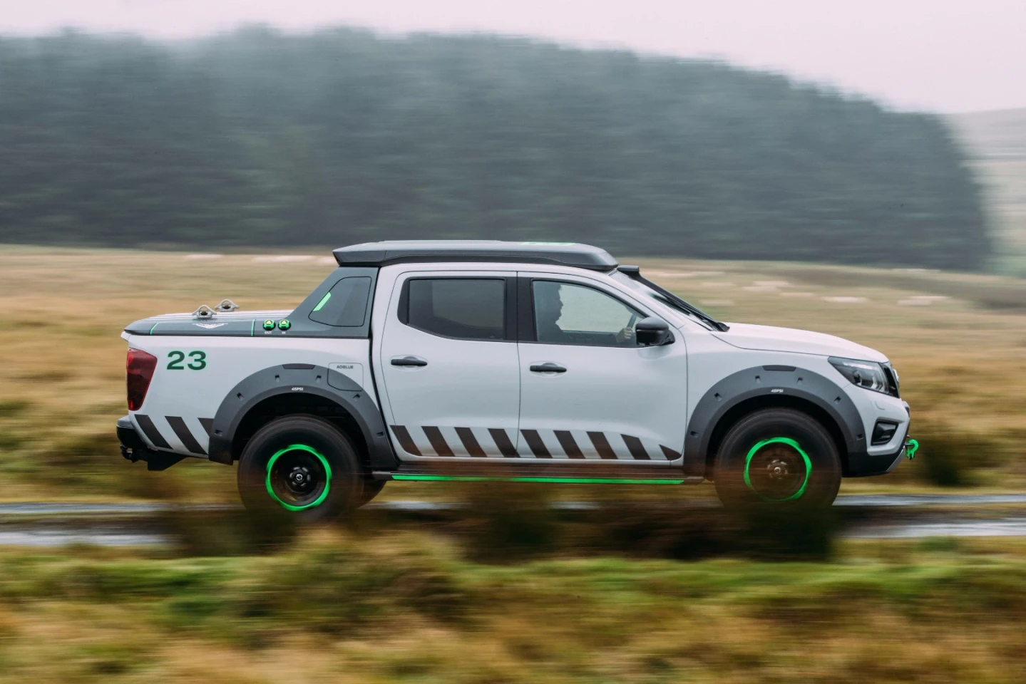 Nissan chose the fluorescent green highlights to increase the truck's overall visibility in day and night