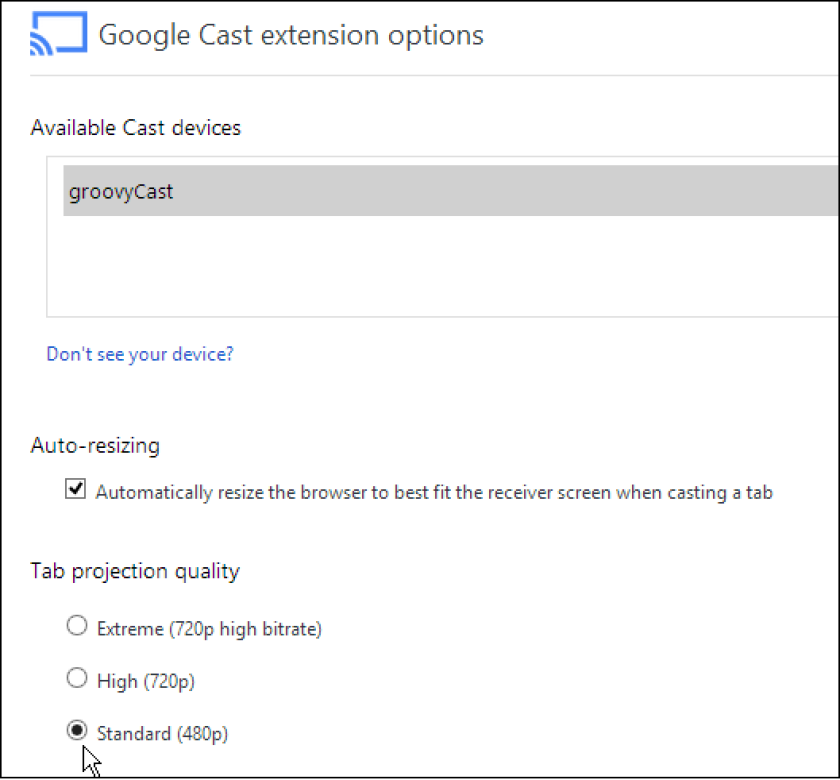 Under Google Cast extensions you can tweak projection quality and how the video behaves when casting