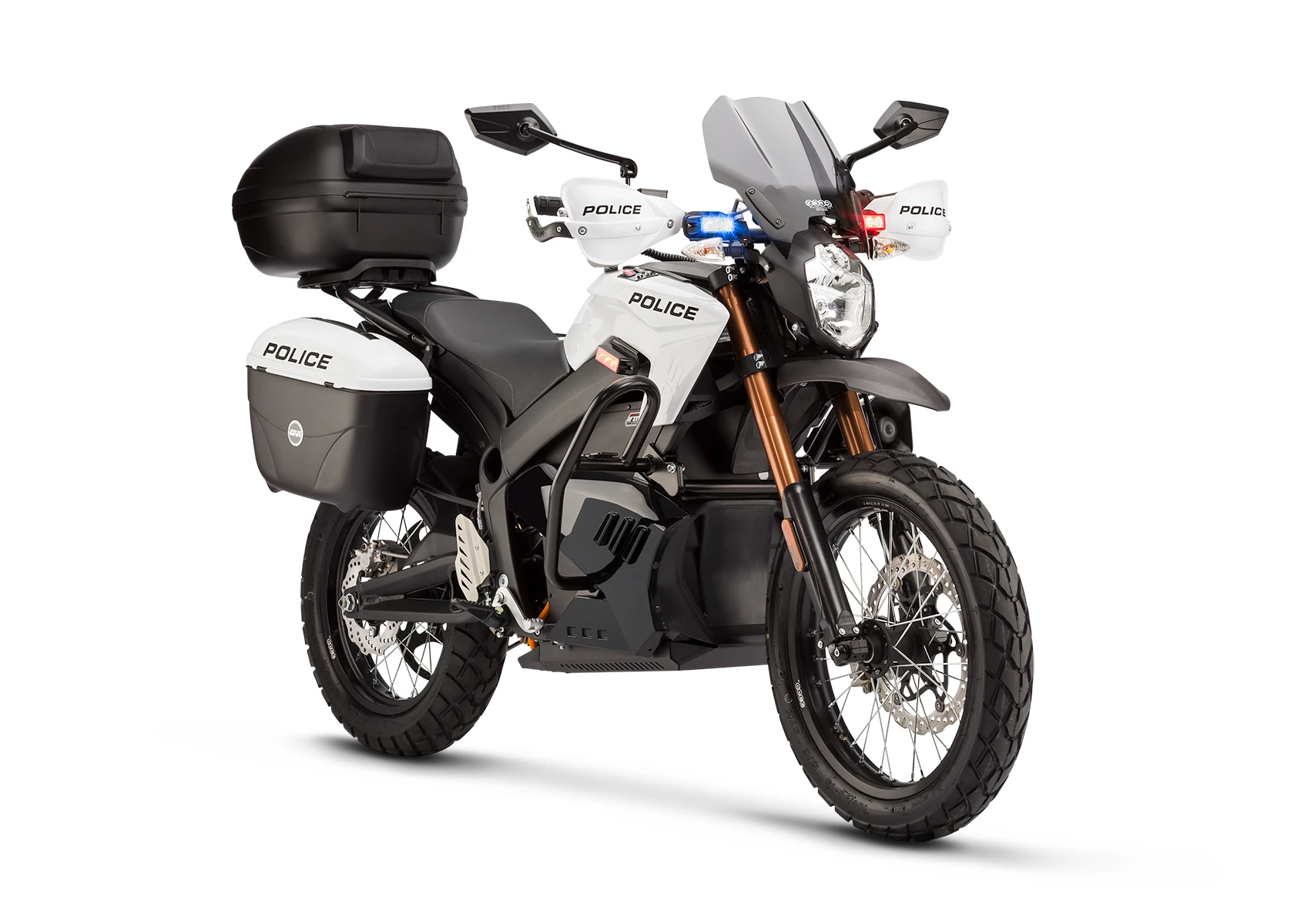 Optional extras include aluminum hand guards with spoilers, a telescoping pole light with blue LED and a siren upgrade with plug-in PS microphone