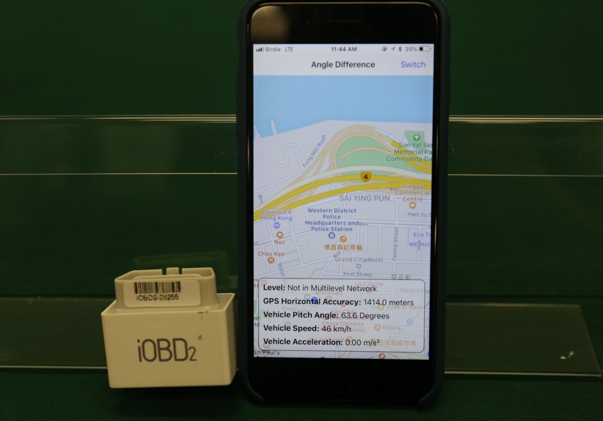 The Angle Difference Method utilizes an in-vehicle smartphone running a navigation app, which is linked by Bluetooth to the car's built-in or plug-in onboard diagnostic device