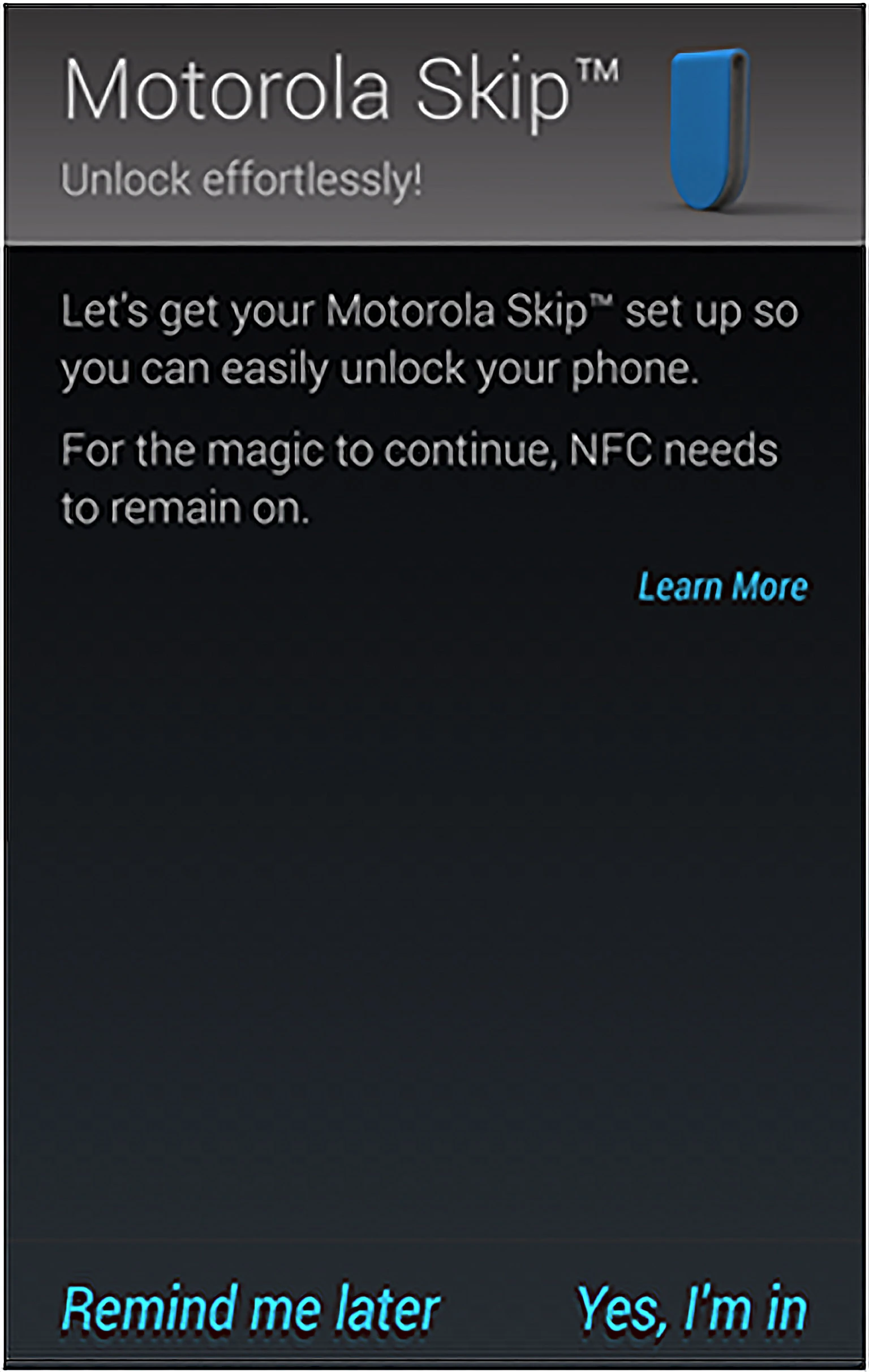This is the NFC pairing page for the Moto Skip, according to Motorola's support documentation