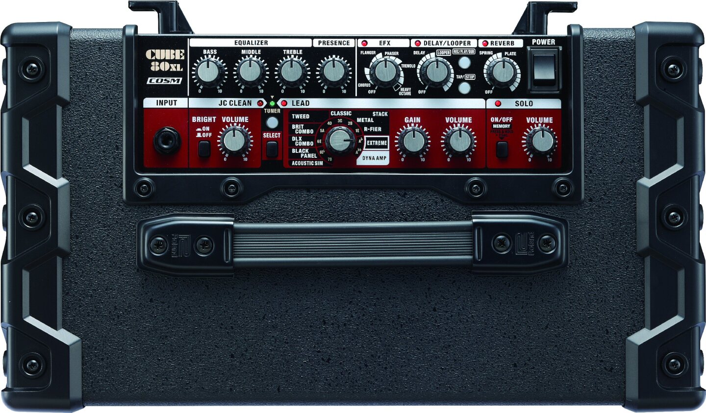 The top of the Cube 80XL, showing presence and bright controls, phrase looping and numerous Lead sounds