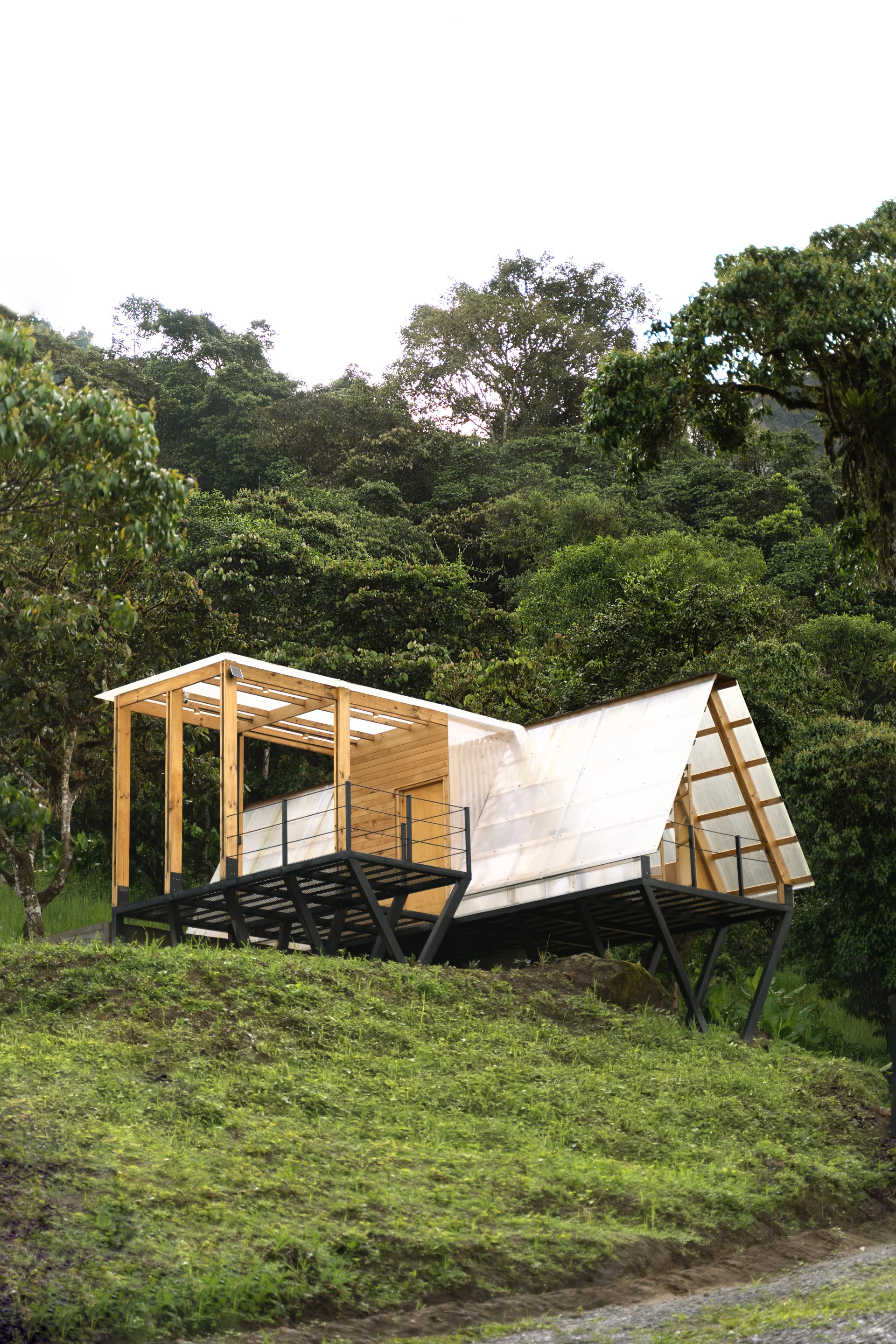 Casa 6-3 hovers above the hillside on a triangular timber support system