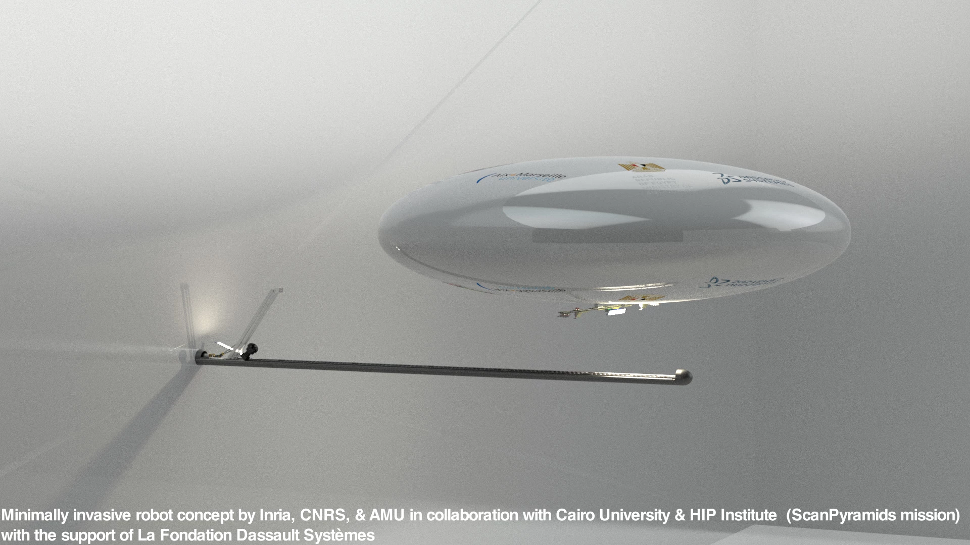 Render of the sensor-backed blimp being deployed to explore inaccessible areas of an ancient building or monument