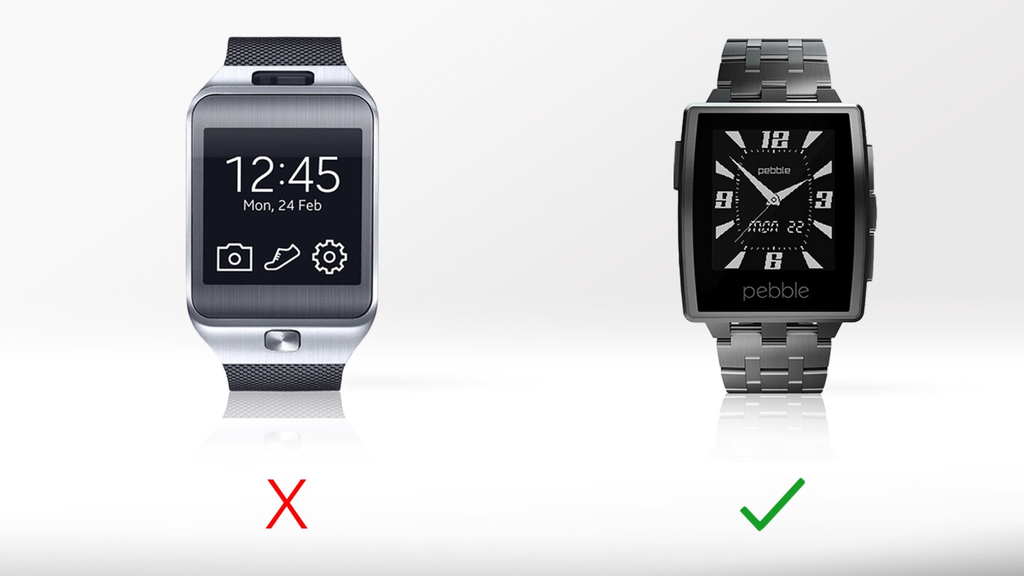 The Pebble Steel has an always-on display, while the Gear's only turns on when you lift your wrist (or when an alert comes in)