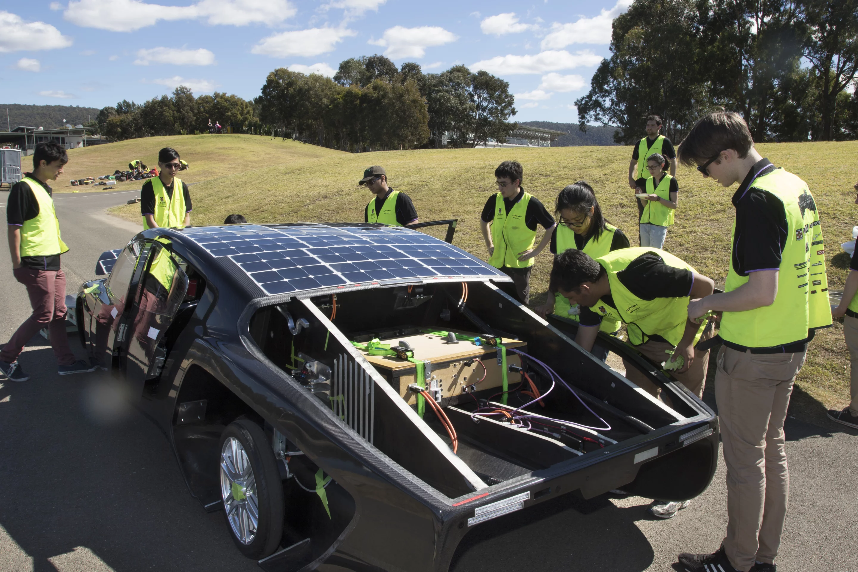 The Sunswift Violet four-seat sedan has two 1.5 kW electric motors, Li-ion batteries and runs on Bridgestone tires