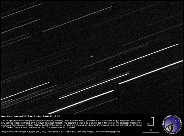 Asteroid 2016 VA captured in a 60 second exposure