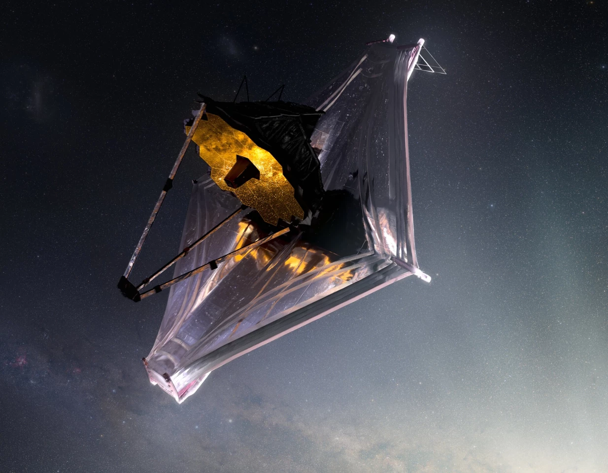 The shield consists of five extremely thin layers of a coated polymer called Kapton