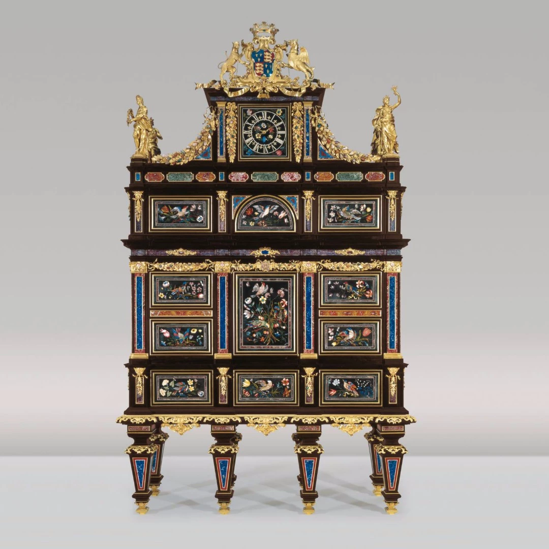 The most expensive piece of furniture ever sold was this magnificent florentine pietra dura, ebony and ormolu cabinet made for the 3rd Duke of Beaufort by the Grand Ducal workshops (Galleria dei Lavori) and Baccio Cappelli, the bronze figures of the four seasons by Girolamo Ticciati, circa 1720-1732. Christies sold the cabinet for US$36,514,611 (£19,045,250) in December, 2004.
