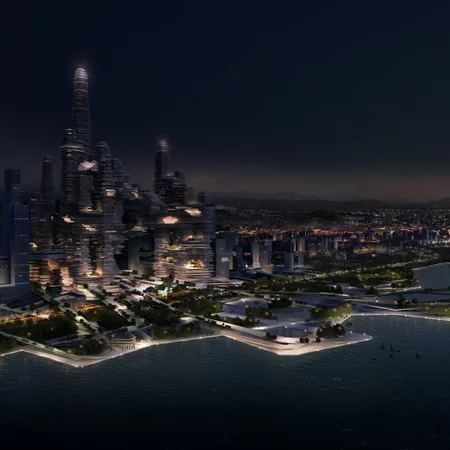 A view of the Cloud Citizen complex at night