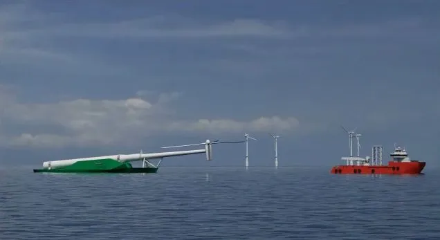 The proposed WindFlip system would use barges that sink stern-first into the ocean, for transporting and placing large offshore wind turbines