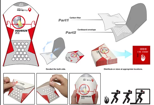 The Firescuba is a cardboard cup-shaped device that, when fitted, allows users to breathe through a carbon filter, and is designed to be used a in a fire-related emergency