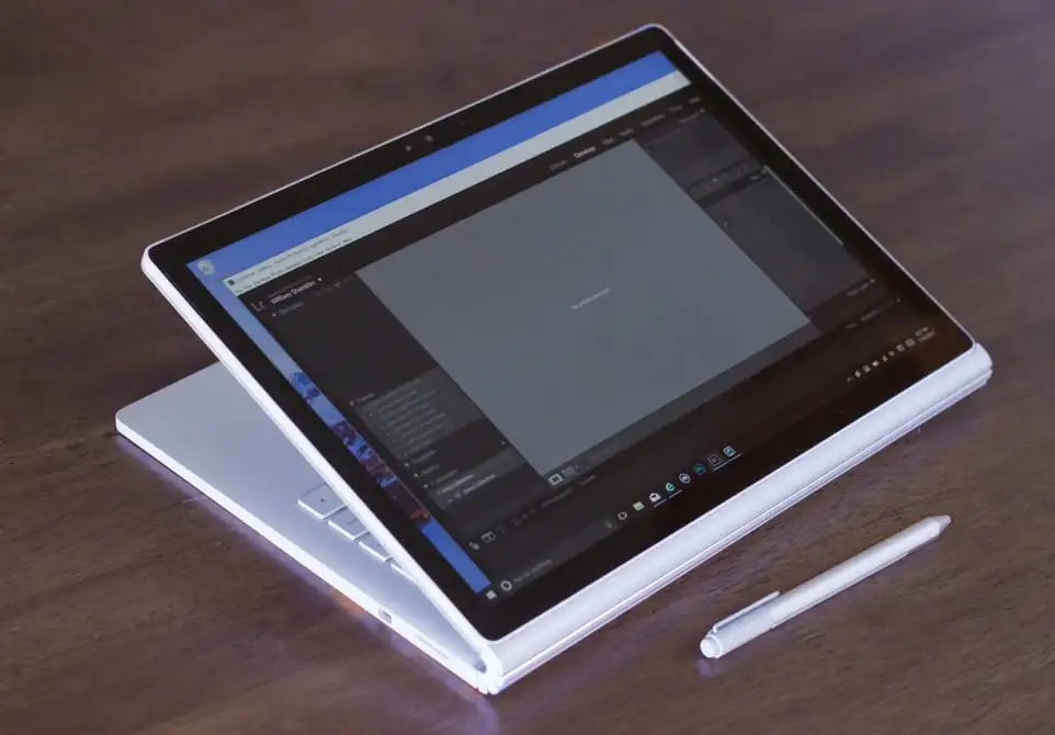 Microsoft Surface Book, shown with screen flipped around in stand mode.