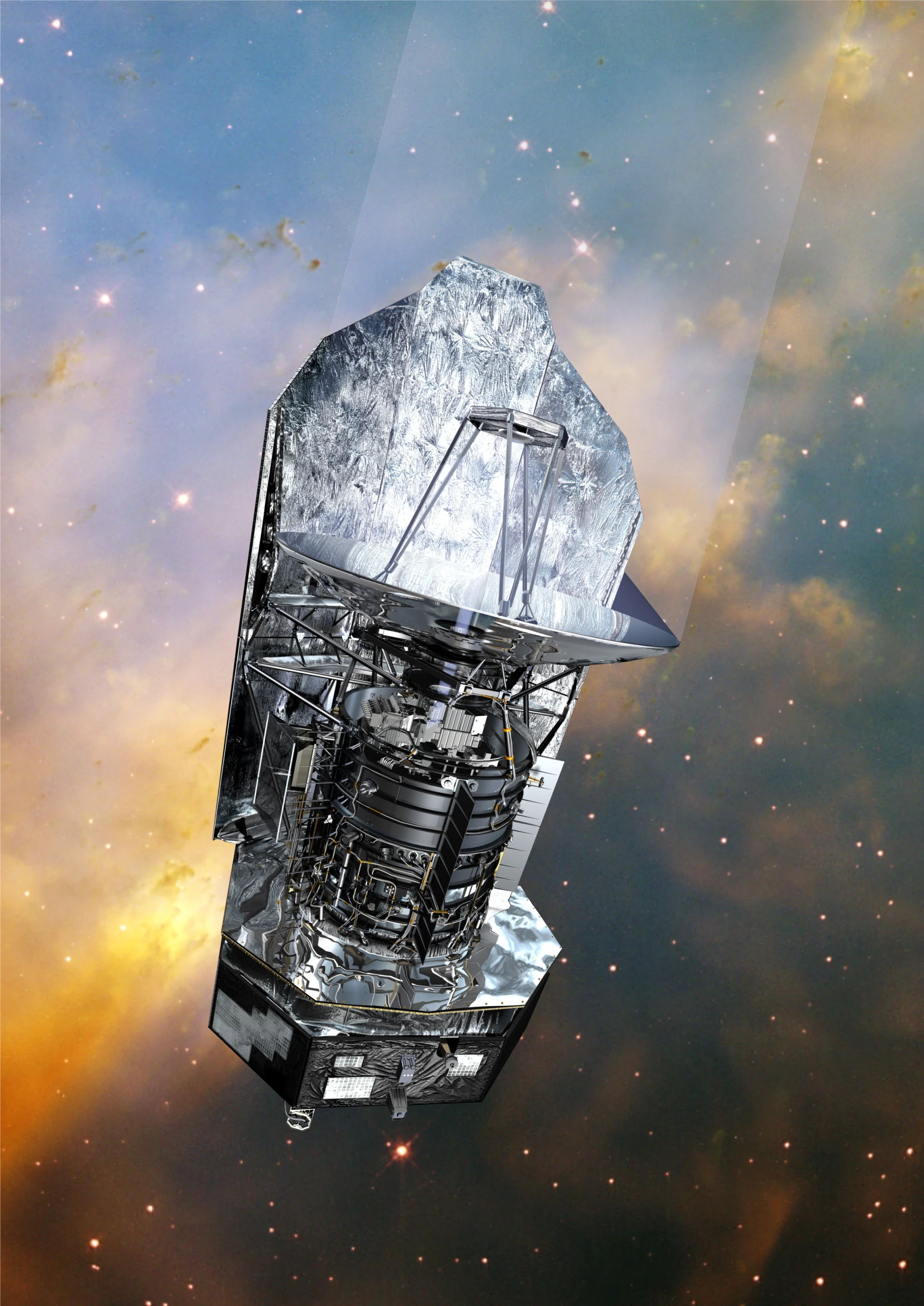 Artist's impression of Herschel (Image: ESA/ AOES Medialab; background: Hubble Space Telescope image (NASA/ESA/STScI))