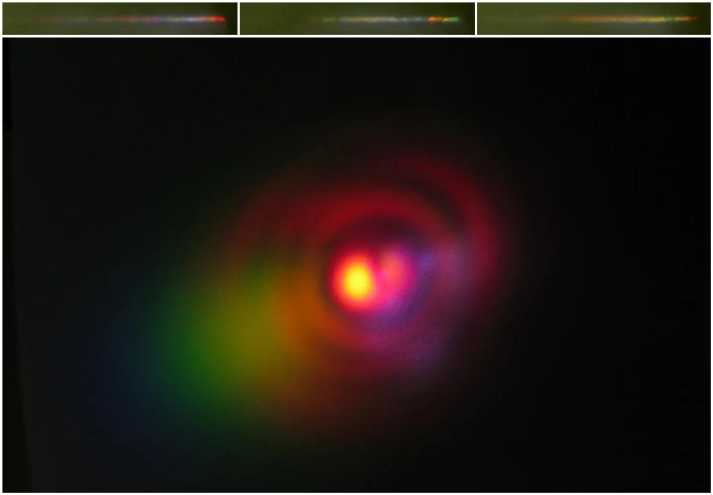 A cross-section of light pulse beam with formed plasma filament – at the top is the appearance of several laser pulses passing through a cloud of condensed water vapor (Photo: IPC PAS)