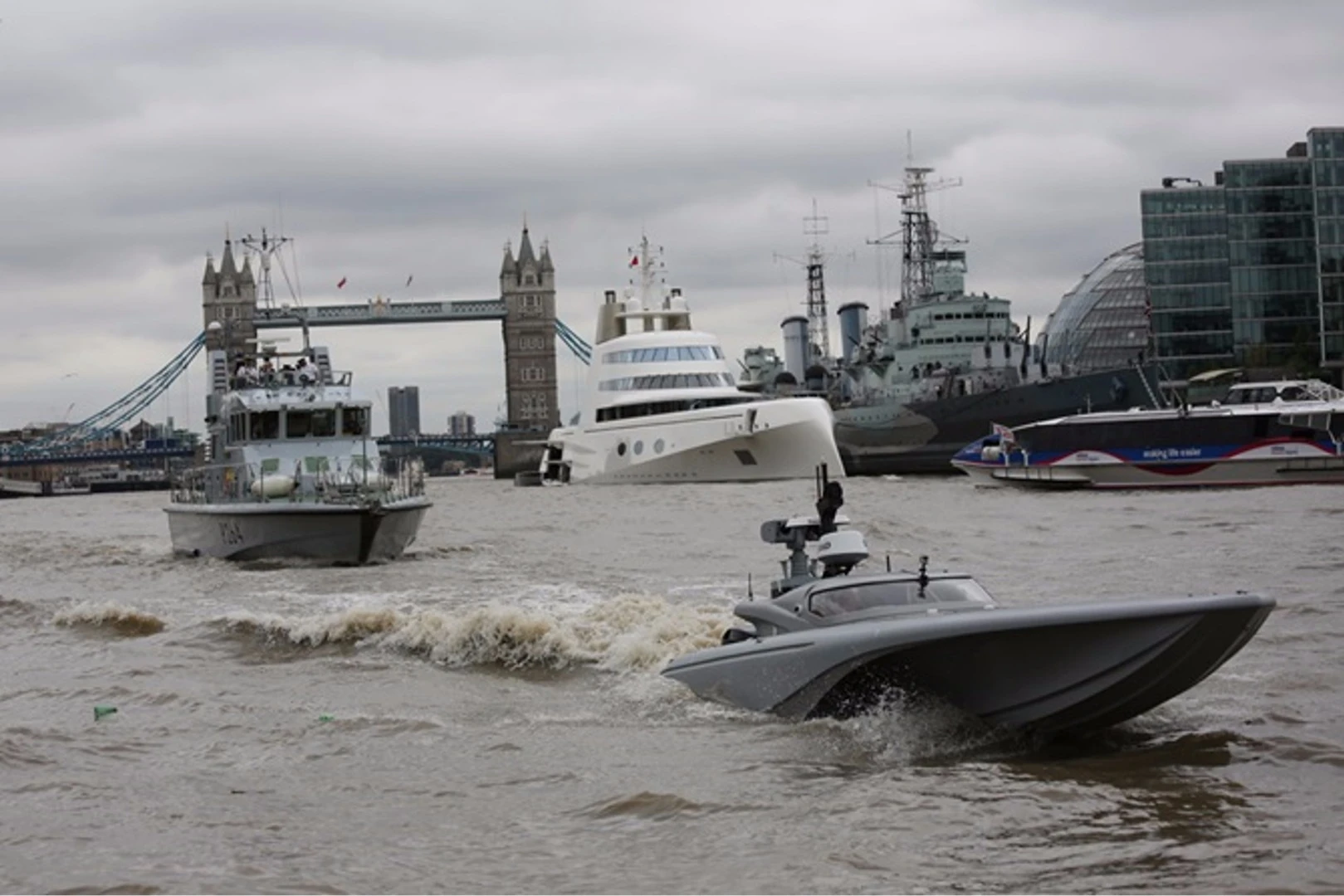 The MAST with HMS Archer by Tower Bridge and HMS Belfast