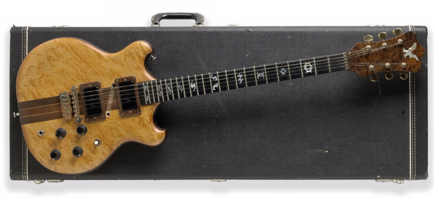 This is the first guitar that San Francisco luthier, Doug Irwin, made for Jerry Garcia, and it began their relationship of several decades which resulted in Garcia leaving his guitars to Irwin in his will. Around 1970, Garcia walked into a shop where Irwin was working, building guitars, was immediately attracted to the quality of his work, and bought this guitar on the spot. Simply known as "The Eagle" because of Irwin's eagle logo inlayed on the headstock, this instrument became the inspiration for all subsequent guitars that Irwin made for Garcia. Garcia was the last person to ever play this guitar. It sold for $186,000 at a Bonhams auction on 8 May, 2007