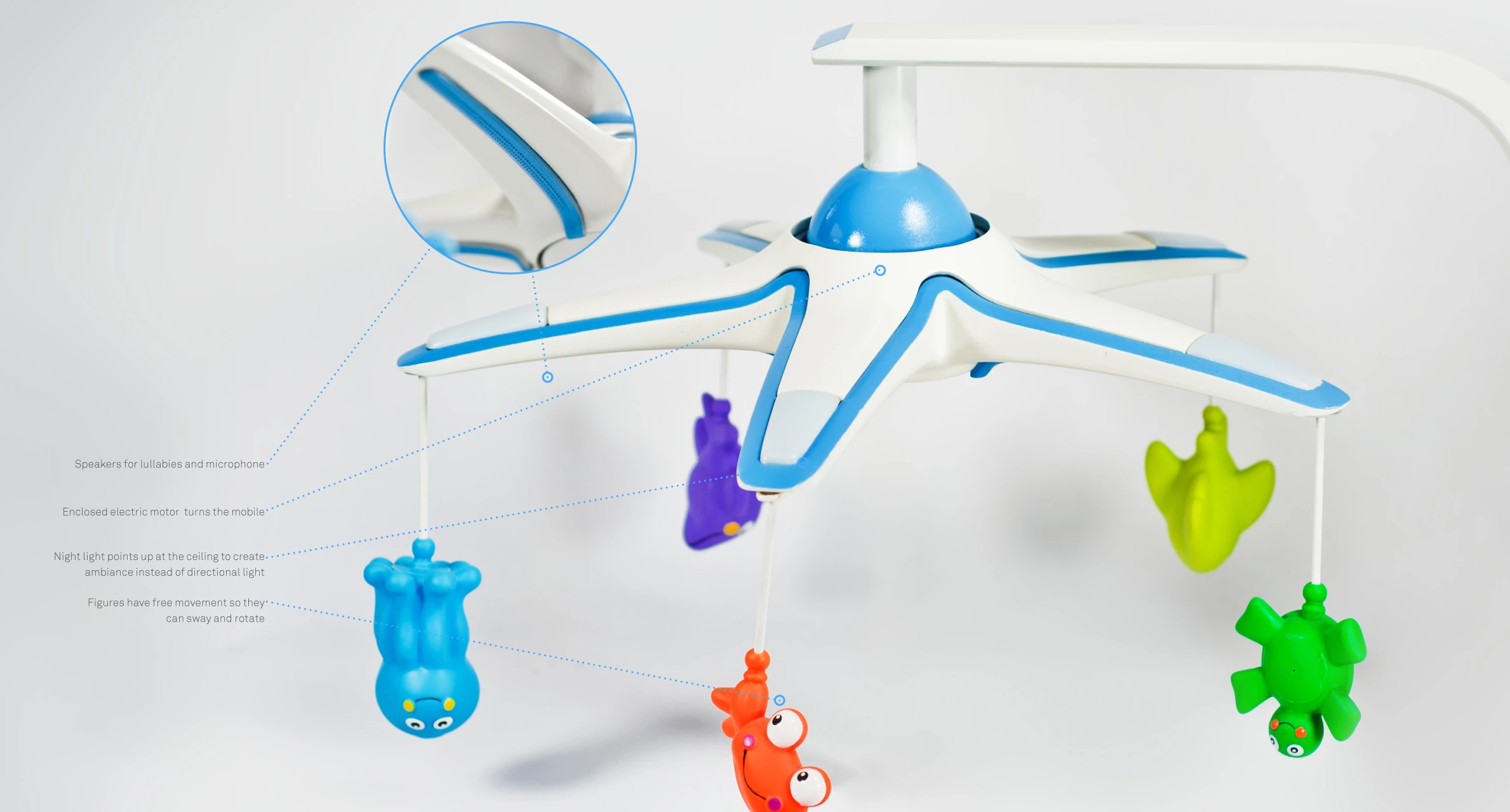 The baby monitor spins to entertain the baby, and is capable of playing lullabies to help them relax and fall asleep