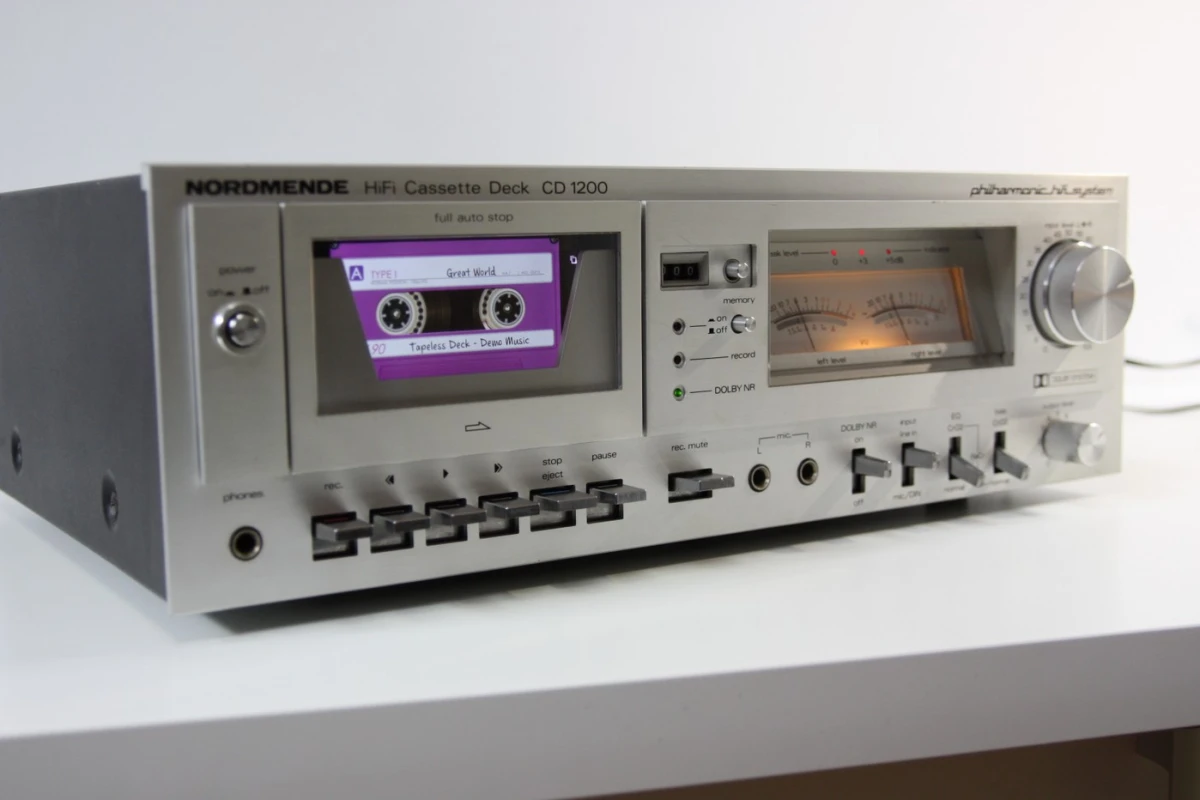 Instead of playing an audio cassette, this Nordmende CD 1200 deck plays digital music files loaded onto a smartphone