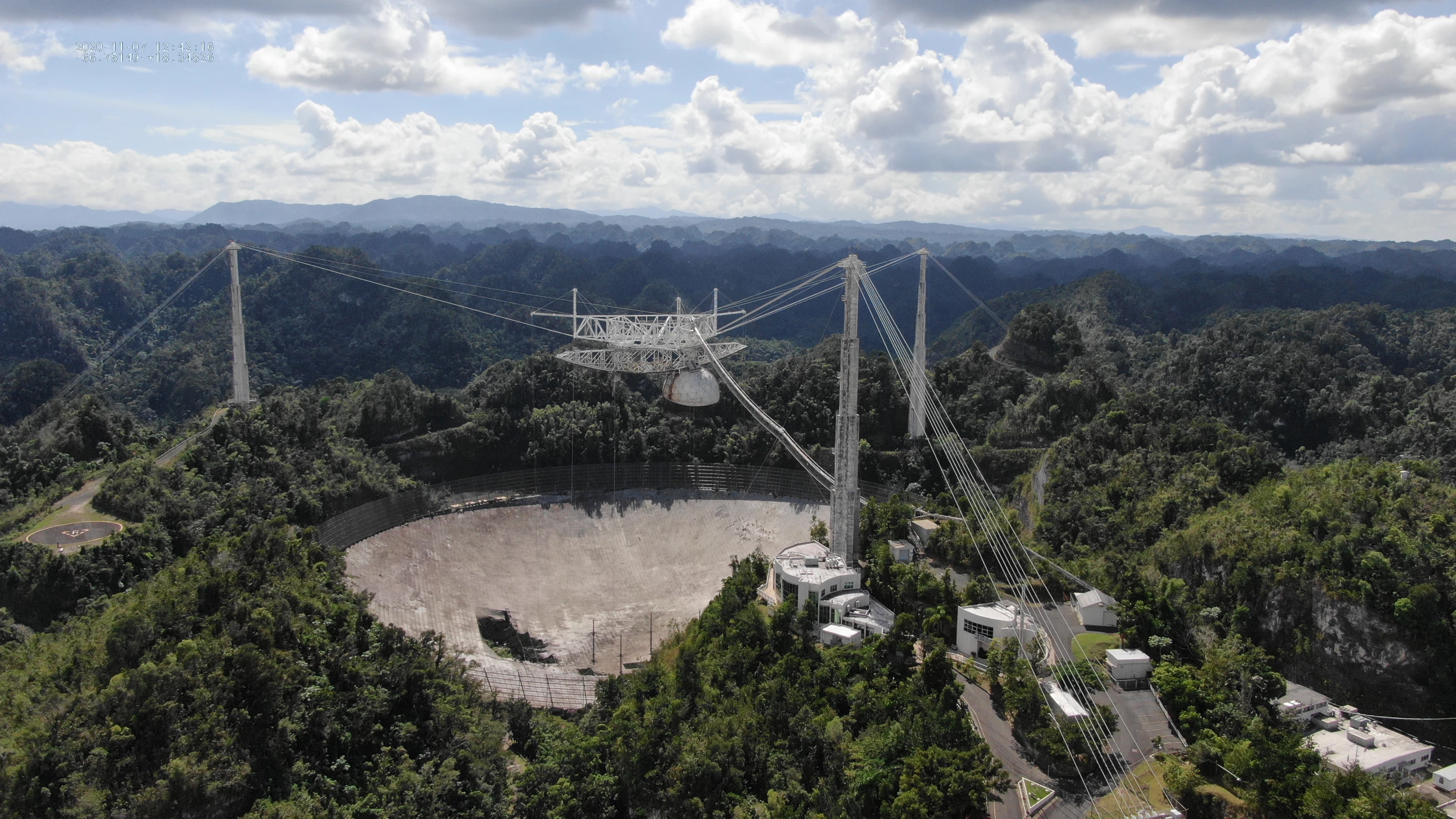 The Arecibo radio telescope after the second cable failure in November 2020