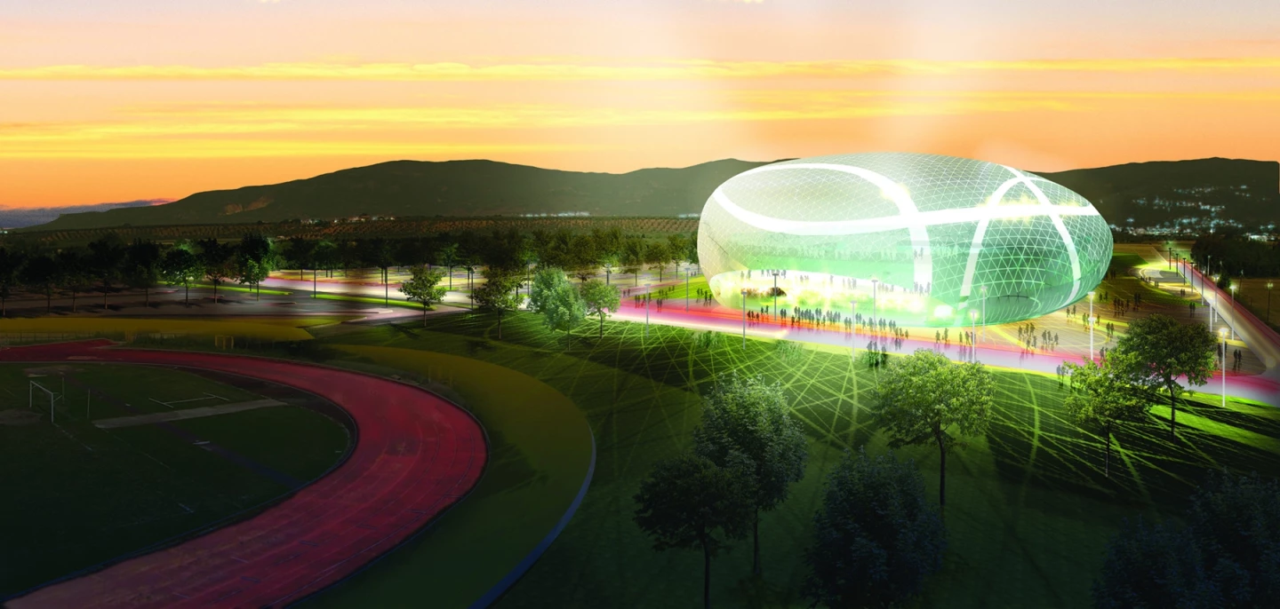 The ETFE exterior is translucent, allowing a lot of natural light into the building and making for a constantly changing appearance as light conditions change throughout the day