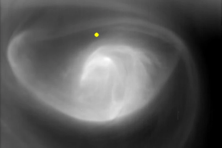 Image of the Venusian atmosphere at 60km over the south pole (yellow dot) using Visible and Infrared Thermal Imaging Spectrometer (VIRTIS) on board Venus Express (Image: ESA/VIRTIS/INAF-IASF/Obs. de Paris-LESIA/University of Oxford)