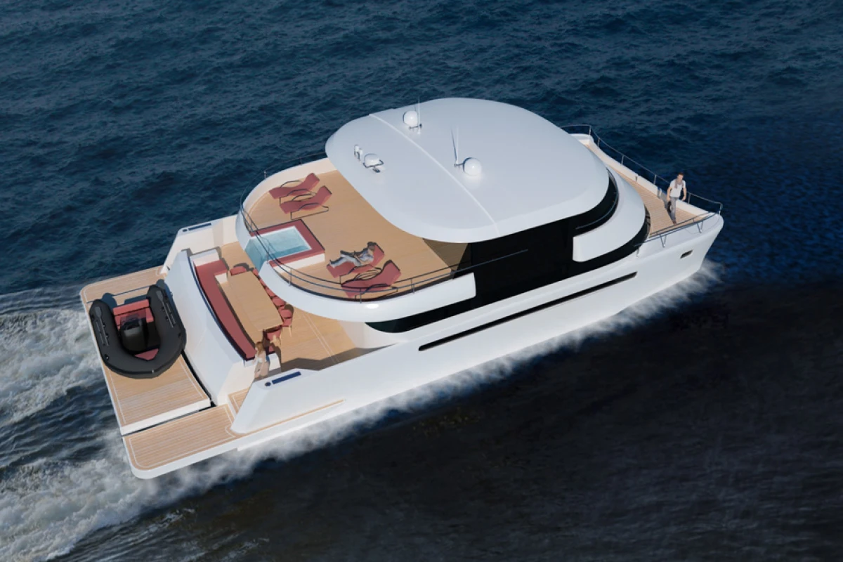 The Flash Cat 67SC design incorporates an open, spacious indoor/outdoor flybridge