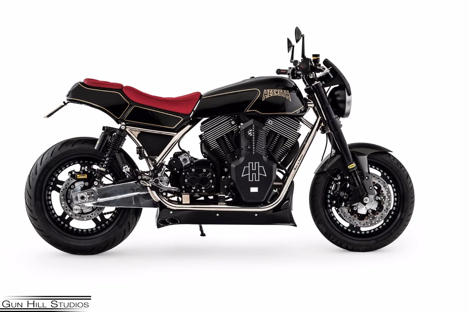 The exhaust system of the Hesketh Valiant SC is conveniently hidden under the engine