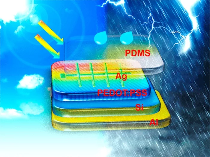The hybrid solar cell uses layers of two polymers to harvest energy from raindrops as well, using the triboelectric effect