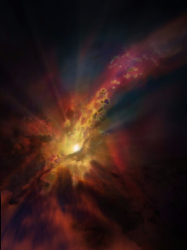 Cold clouds reach toward a black hole in this artist's impression, where they will become part of the hole's accretion disc